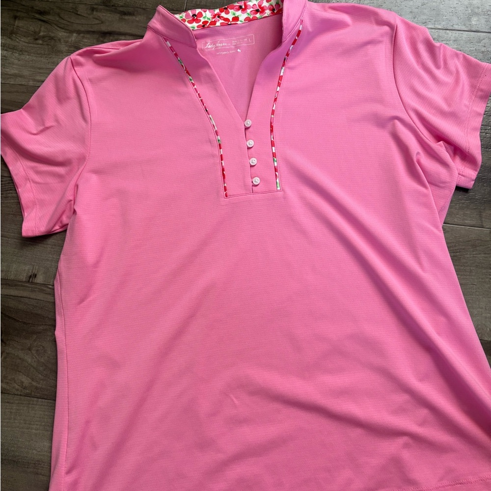 Lady Hagen Pink Polo with Floral Trim